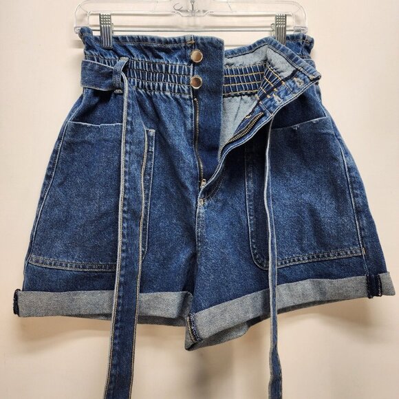 Zara Short Size 6 Women’s Paperbag Tie Waist Large Pockets Cotton Blue - Picture 3 of 9